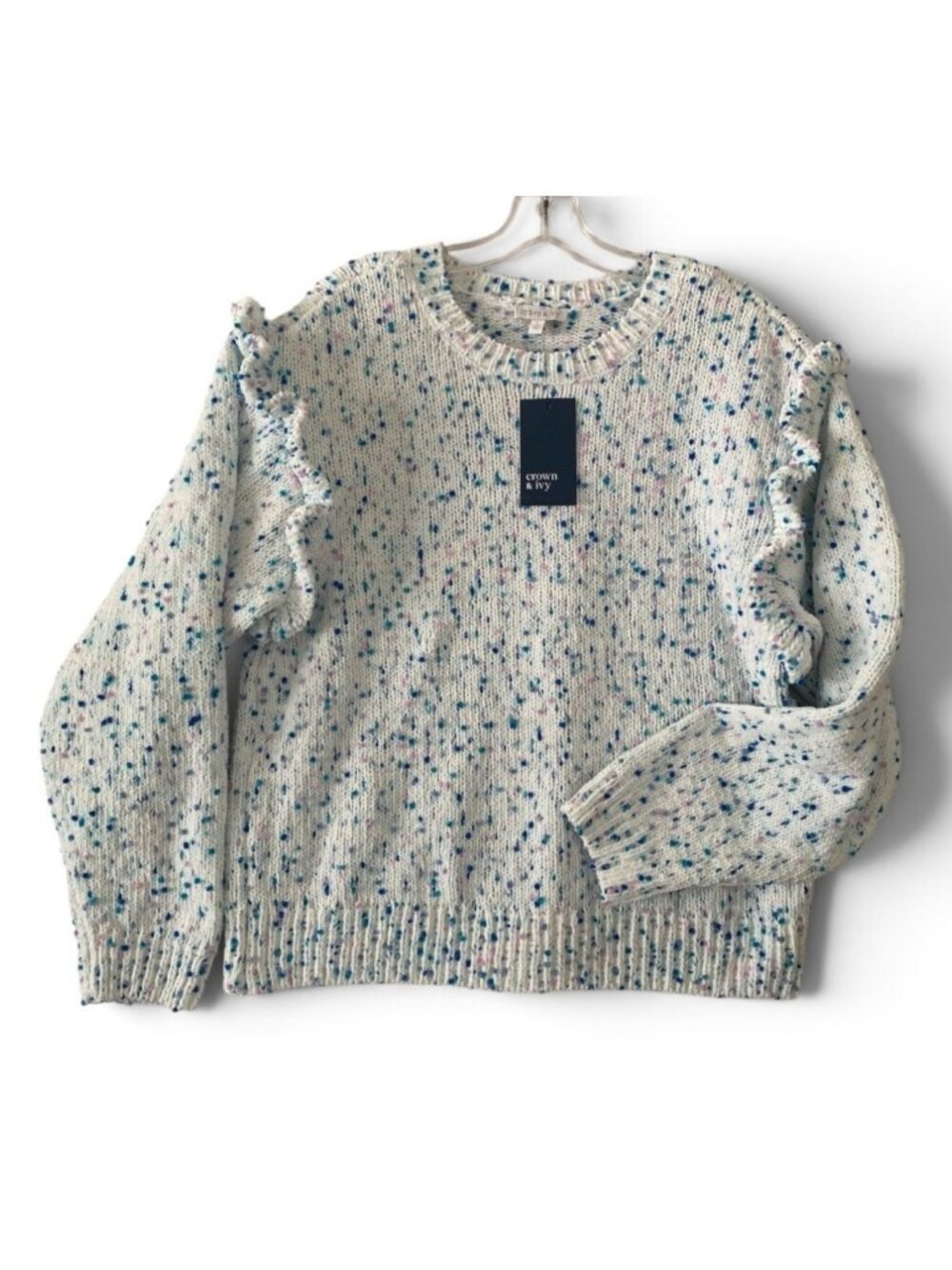 Crown & Ivy Ladies White Confetti Speckled Crew Neck Sweater Ruffled Shoulders L